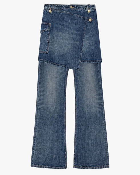 Heavy Washed Denim Flared Skirt Jeans