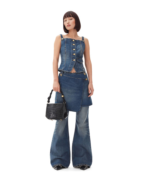 Heavy Washed Denim Flared Skirt Jeans