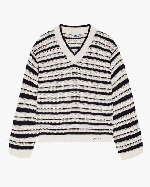 Striped Cotton Pointelle V-Neck Sweater