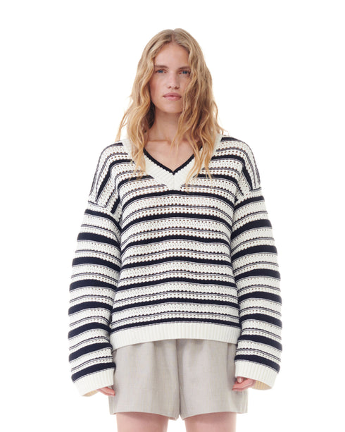 Striped Cotton Pointelle V-Neck Sweater