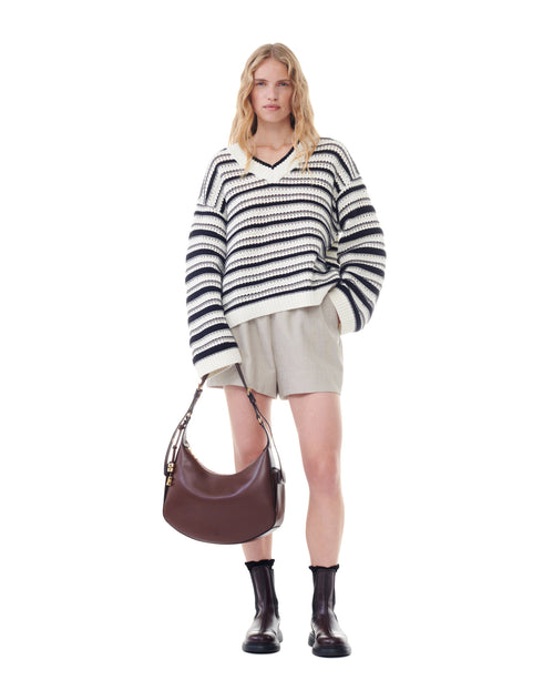 Striped Cotton Pointelle V-Neck Sweater