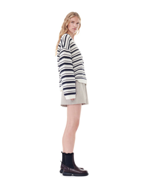 Striped Cotton Pointelle V-Neck Sweater