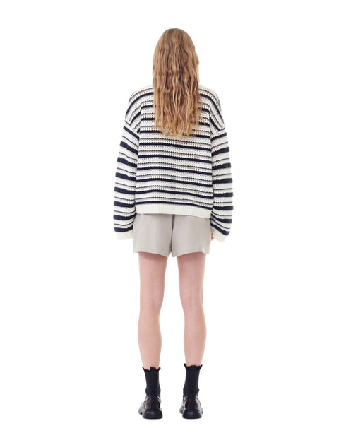 Striped Cotton Pointelle V-Neck Sweater